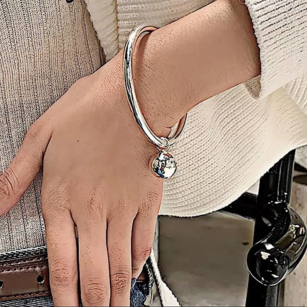 NEW STERLING SILVER CHARM BALL BANGLE BRACELET - Picture 2 of 14